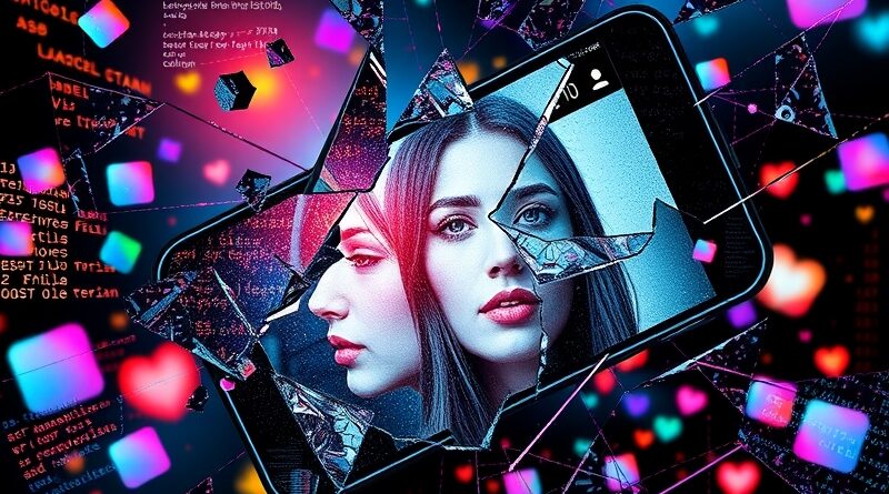 Zniekształcony ekran smartfona z hiperrealistycznymi mediami społecznościowymi. Surrealistyczne pęknięcia, kod i jaskrawe kolory. AI kształtuje rzeczywistość.