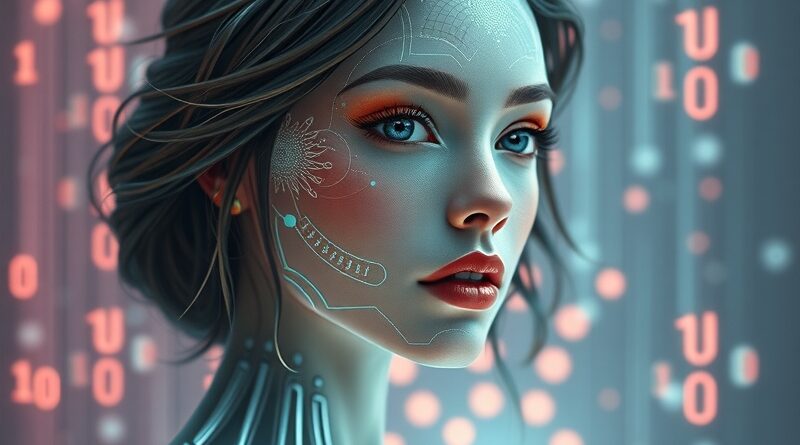 Cyfrowa muza: portret AI utkana z kodu, odzwierciedlająca uwodzenie, etykę i przyszłość erotyki w technologii.