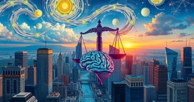 Surrealistyczna wizja miasta przyszłości, gdzie dane i algorytmy kształtują etyczny krajobraz miejski.