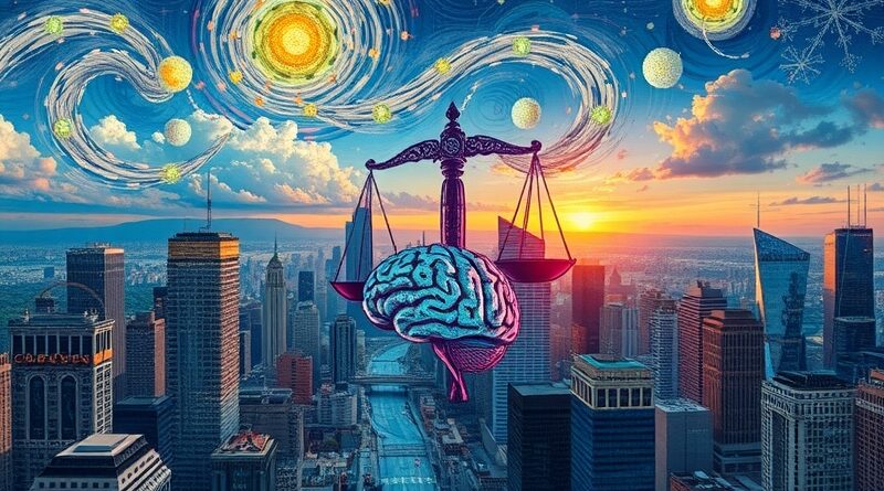 Surrealistyczna wizja miasta przyszłości, gdzie dane i algorytmy kształtują etyczny krajobraz miejski.