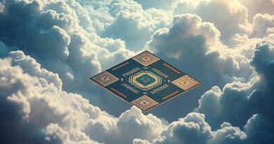 Eteryczne połączenie krzemowych płytek i probabilistycznych obłoków w futurystycznej, cyfrowej wizji innowacji.