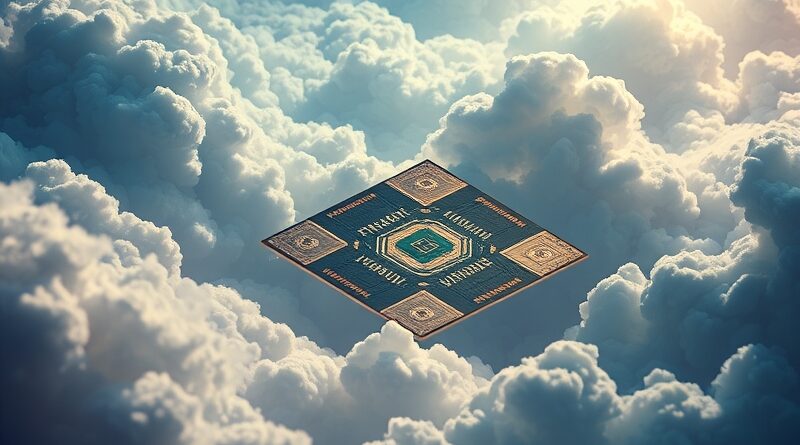 Eteryczne połączenie krzemowych płytek i probabilistycznych obłoków w futurystycznej, cyfrowej wizji innowacji.