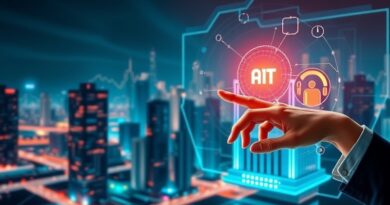 Futurystyczne miasto z danymi biometrycznymi tworzącymi bank, symbolizujące połączenie AI i usług bankowych.