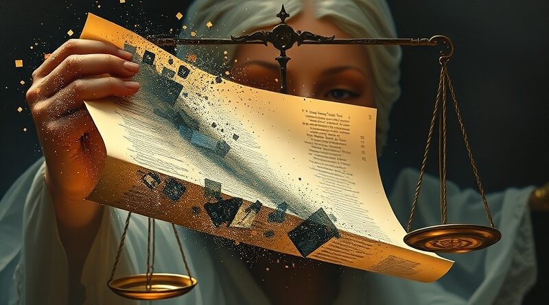 Rozpadający się cyfrowy zwój i waga sprawiedliwości w cieniach niejasnych regulacji AI.