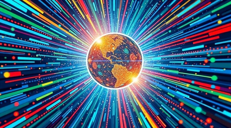 Abstrakcyjna reprezentacja Fal.ai: zbiegające się strumienie danych w złotą sferę, symbol wzrostu i multimodalności.