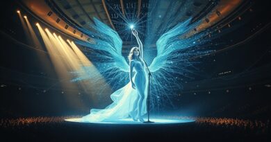 Surrealistyczna wizja: Taylor Swift, kod binarny i rozpadająca się sala koncertowa.AI w sztuce?