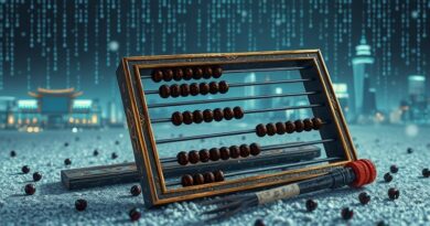 Zepsute, zdobione liczydło i rozsypane koraliki w pikselowym kurzu, Seoul w deszczu binarnego kodu, porzucony pędzel kaligraficzny.