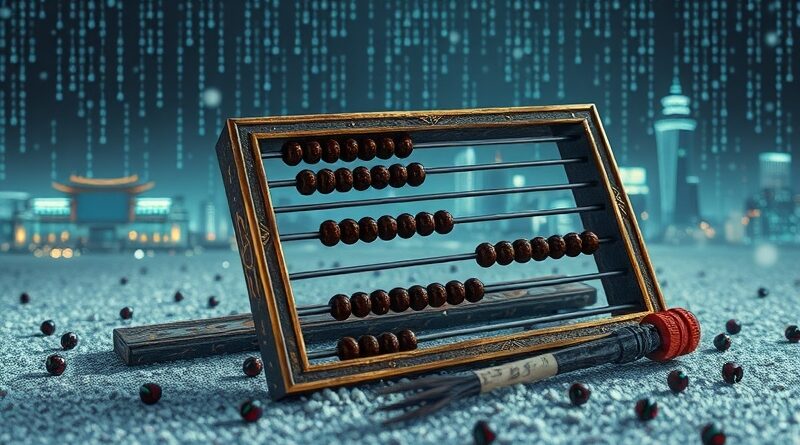 Zepsute, zdobione liczydło i rozsypane koraliki w pikselowym kurzu, Seoul w deszczu binarnego kodu, porzucony pędzel kaligraficzny.