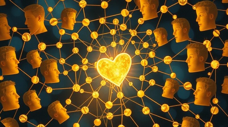 Złota sieć ludzkich twarzy zbiega się w świetlistym sercu, symbolizując AI dla dobra człowieka.