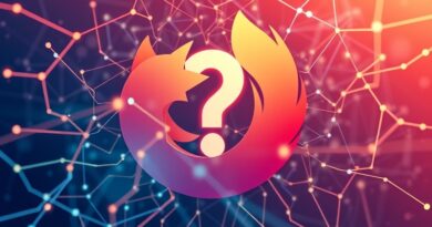 Abstrakcyjna sieć przypominająca mózg spleciona ze stylizowanym Firefoksem, dane płyną do świetlistego znaku zapytania.