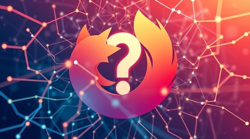 Abstrakcyjna sieć przypominająca mózg spleciona ze stylizowanym Firefoksem, dane płyną do świetlistego znaku zapytania.