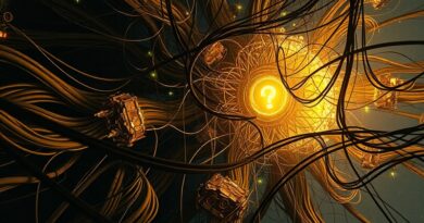 Olbrzymi labirynt kabli danych prowadzący do migoczącego rdzenia AI. Rozpadająca się struktura, chaos danych.