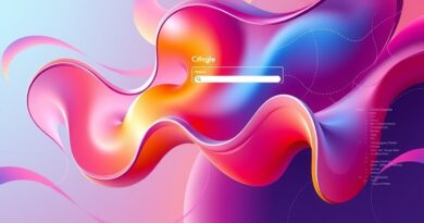 Abstrakcyjne, płynne formy tworzą dynamiczny interfejs strony www, symbolizując innowacyjność Flint i AI.