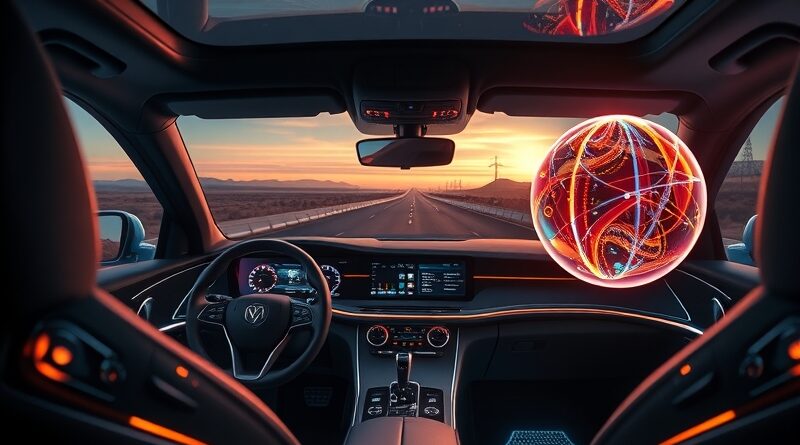 Futurystyczne wnętrze samochodu. Hologramy, świetlista kula AI integrowana z deską rozdzielczą, autostrada.