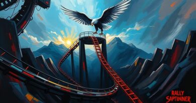 Abstrakcyjna wizja rozczarowania AI: Rollercoaster w ciemności, nadzieja w cyberbezpieczeństwie, ukryty symbol ML.