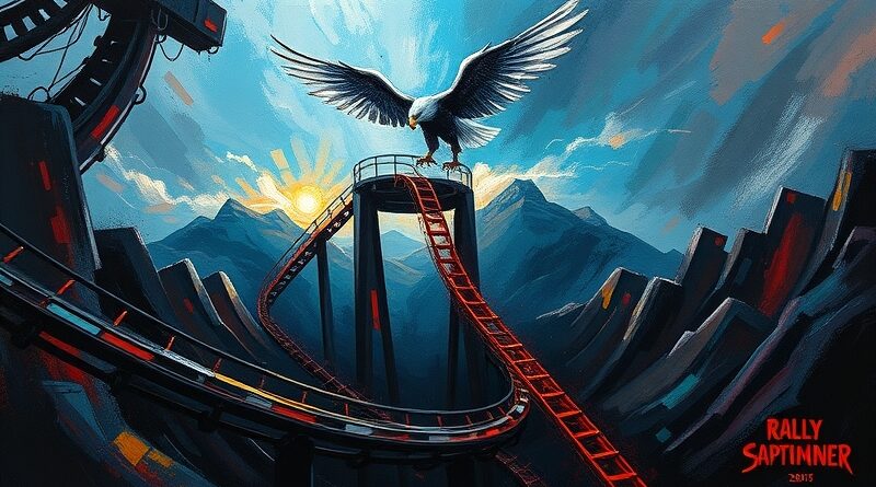 Abstrakcyjna wizja rozczarowania AI: Rollercoaster w ciemności, nadzieja w cyberbezpieczeństwie, ukryty symbol ML.