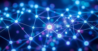 Abstrakcyjna sieć węzłów w kolorach niebieskim, fioletowym i zielonym, symbolizująca integrację Gemini CLI z narzędziami deweloperskimi.