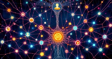 Sieć neuronowa symbolizująca Super Agent Store Genspark: prompt przekształcający się w AI agentów, użytkownicy połączeni rekomendacjami.