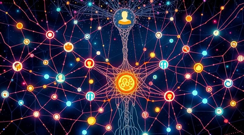 Sieć neuronowa symbolizująca Super Agent Store Genspark: prompt przekształcający się w AI agentów, użytkownicy połączeni rekomendacjami.