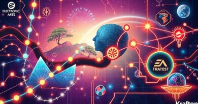 Futurystyczna sieć neuronowa spleciona z elementami gier EA i Krafton, w palecie barw z art deco.