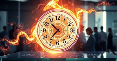 Zegar galaktyczny, sylwetki przy stole, futurystyczne światło. Aluzja do Gemini w Gmail ułatwiającego spotkania.