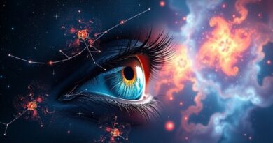 Surrealistyczne oko wygenerowane przez AI, z fraktalami i nebulą w tle, promujące Gemini 2.5 Flash Image.