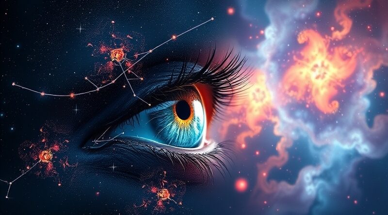 Surrealistyczne oko wygenerowane przez AI, z fraktalami i nebulą w tle, promujące Gemini 2.5 Flash Image.