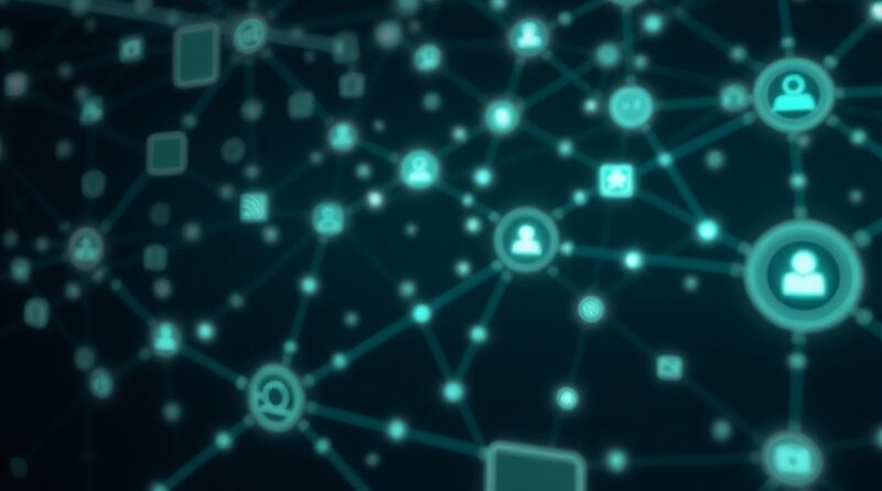 Bioluminescencyjna sieć interfejsów, ikony AI płynące w futurystycznym, technologicznym strumieniu.