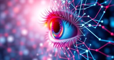 Abstrakcyjne oko z sieci neuronowych i strumieniami danych symbolizuje wyszukiwanie wizualne Gemini 2.5.