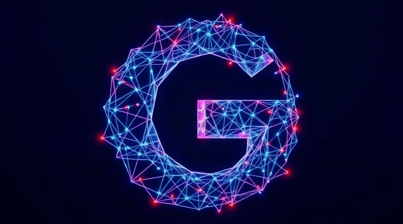Abstrakcyjna, wielowarstwowa sieć neuronowa w kształcie "G", symbolizująca Google Gemini 3.0 Pro i ulepszone możliwości kodowania.