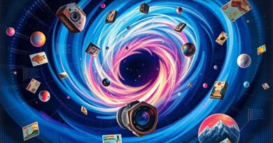 Surrealistyczna galaktyka kodu i danych tworząca literę "G", wizualna metamorfoza Gemini w stylu retrofuturyzmu.