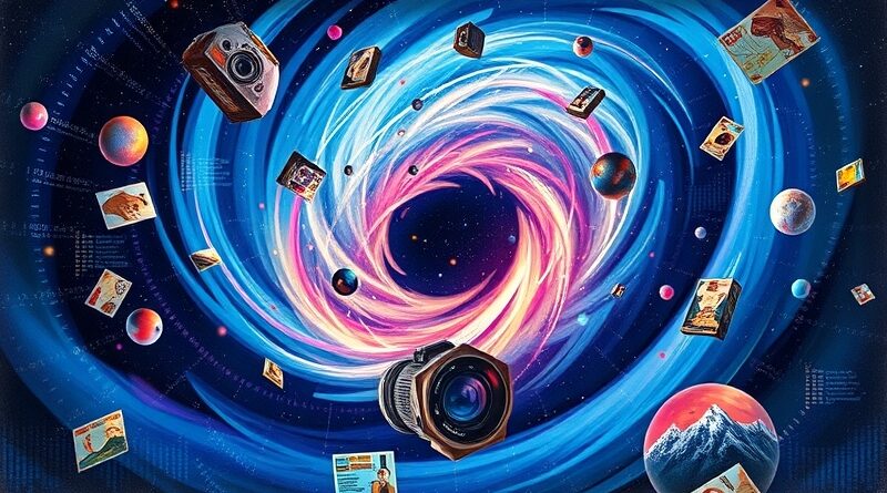 Surrealistyczna galaktyka kodu i danych tworząca literę "G", wizualna metamorfoza Gemini w stylu retrofuturyzmu.