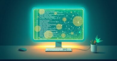 Futurystyczny terminal z kodem AI, koliber, minimalistyczne biurko, odcienie błękitu i zieleni, akcenty pomarańczy i żółci.