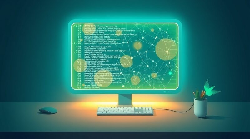 Futurystyczny terminal z kodem AI, koliber, minimalistyczne biurko, odcienie błękitu i zieleni, akcenty pomarańczy i żółci.