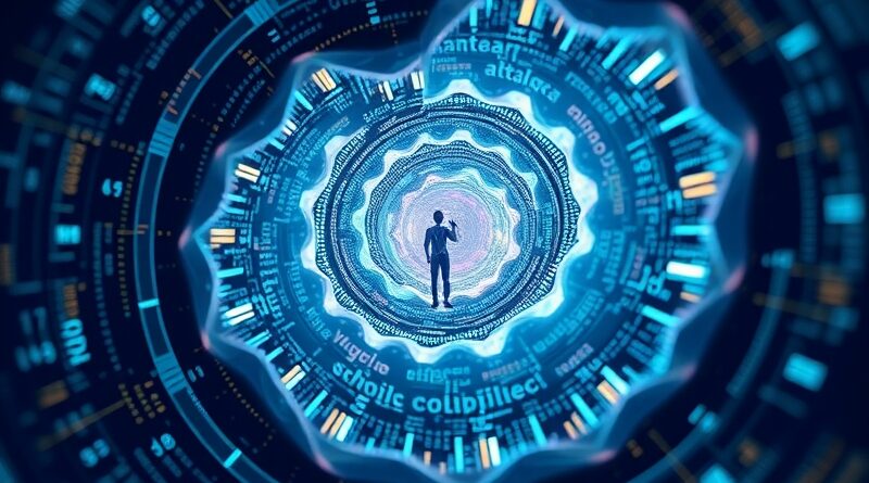 Abstrakcyjna wizualizacja kodu AI generowanego przez Julesa, z programistą w centrum.