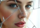 Rozbite lustro odbija kobietę: cyfrowy makijaż kontra naturalna twarz. Granica rzeczywistości i wirtualności.