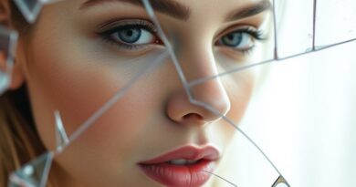Rozbite lustro odbija kobietę: cyfrowy makijaż kontra naturalna twarz. Granica rzeczywistości i wirtualności.