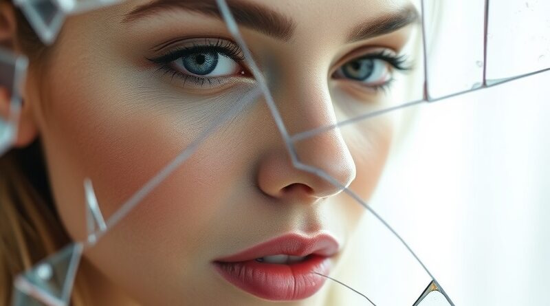 Rozbite lustro odbija kobietę: cyfrowy makijaż kontra naturalna twarz. Granica rzeczywistości i wirtualności.