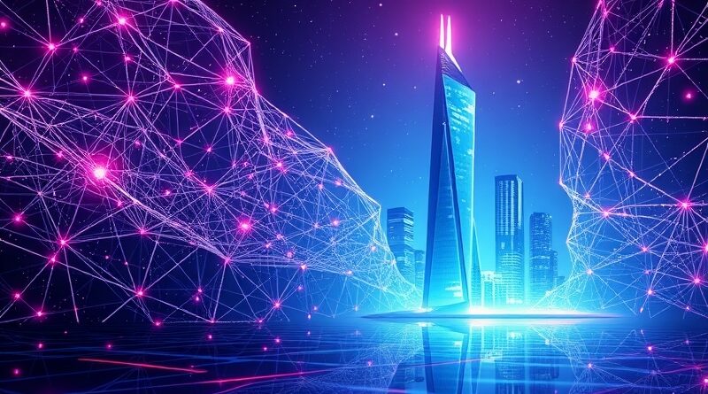 Abstrakcyjna grafika AI Studio: od sieci kodów po neonowy drapacz chmur aplikacji Gemini.
