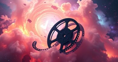 Klatka filmu rozwija się w kosmiczną mgławicę, symbolizuje generowanie wideo przez Google VEO 3.1.