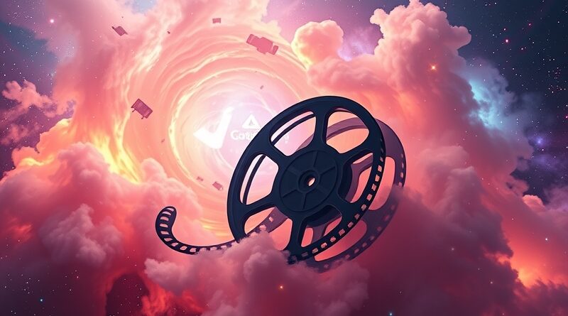 Klatka filmu rozwija się w kosmiczną mgławicę, symbolizuje generowanie wideo przez Google VEO 3.1.