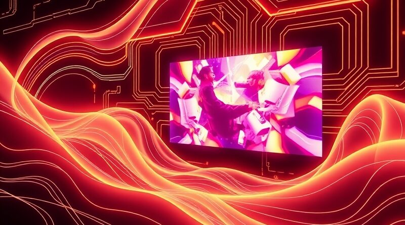 Stylizowana grafika Art Deco Veo 3.1: generatywne wideo AI, płynne linie, abstrakcyjny ruch, dynamiczny ekran.