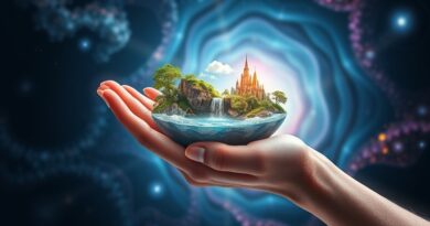 Dłoń trzyma miniaturowy, hiperrealistyczny świat z wyspami, rafami i lasami, oświetlony kosmicznym światłem.