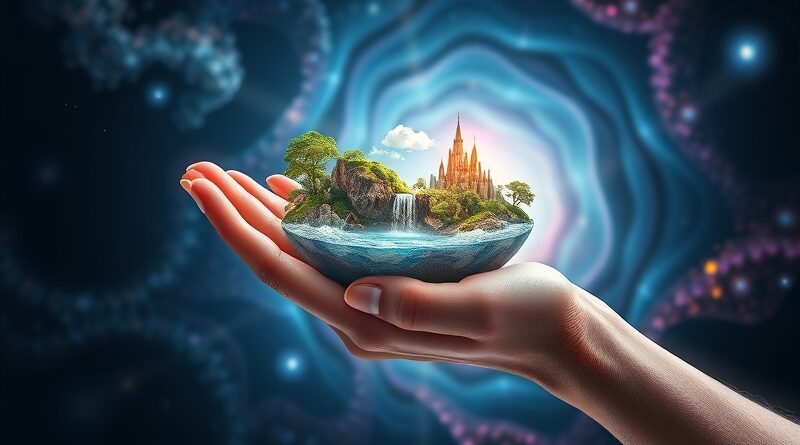 Dłoń trzyma miniaturowy, hiperrealistyczny świat z wyspami, rafami i lasami, oświetlony kosmicznym światłem.