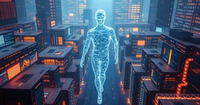 Eteryczna postać z kodu w labiryncie ekranów, symbolizuje AI zarządzającą danymi online.