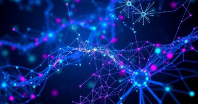 Abstrakcyjna wizja AI splatająca wiedzę w spójne slajdy prezentacji, w palecie błękitów, fioletów i zieleni.