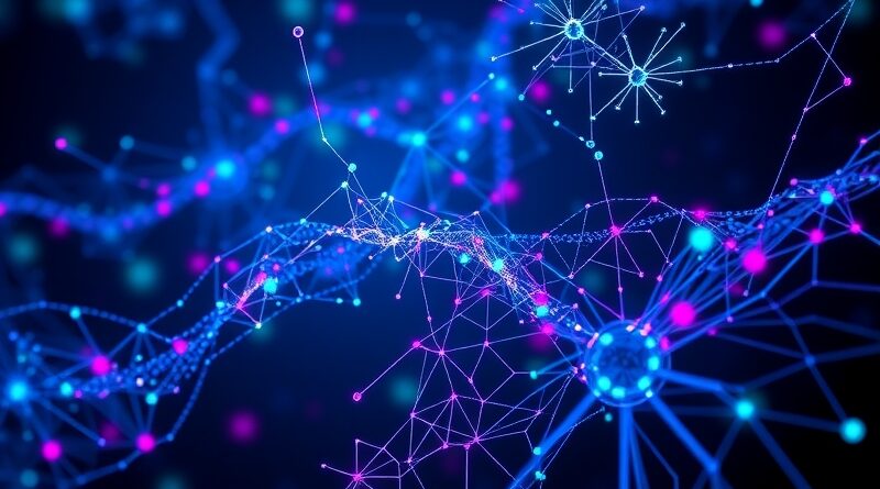 Abstrakcyjna wizja AI splatająca wiedzę w spójne slajdy prezentacji, w palecie błękitów, fioletów i zieleni.