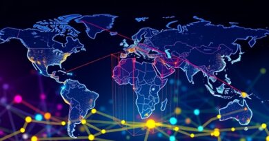 Abstrakcyjne sieci globalne tworzące interfejs kodowania AI, odzwierciedlające rozwój Google Opal.