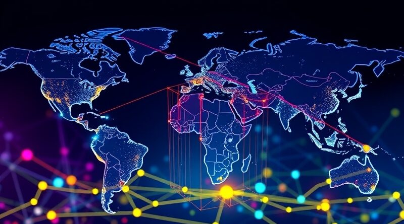 Abstrakcyjne sieci globalne tworzące interfejs kodowania AI, odzwierciedlające rozwój Google Opal.