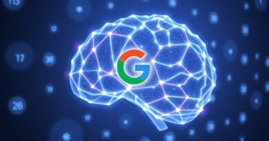 Eteryczna sieć świetlna w kształcie mózgu z danymi, logo Google "G". Reprezentacja integracji LLM z Google Ads API.